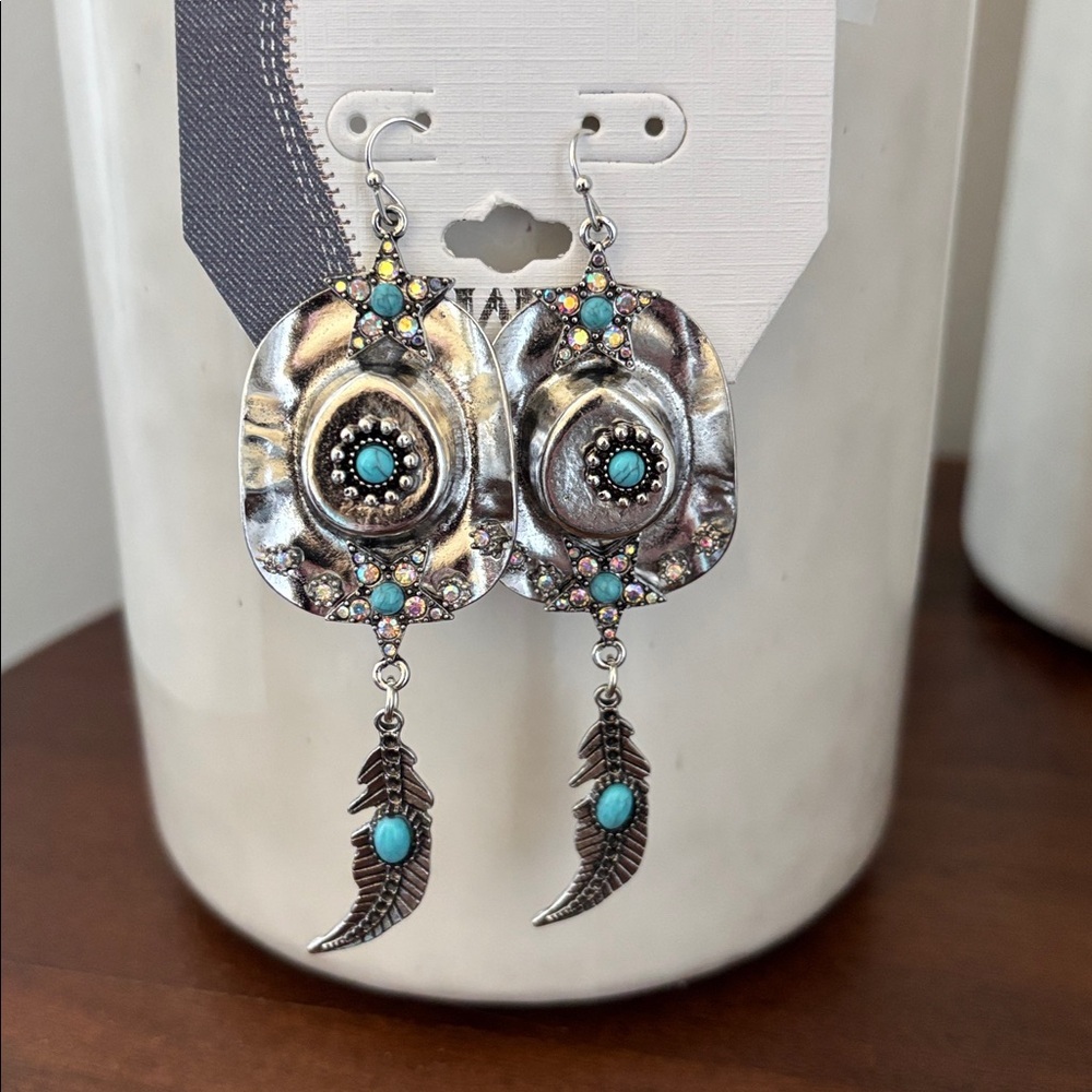 YMI Cowboy Hat,feathers,stars,silver tone w/ faux turquoise, drop, fish hook